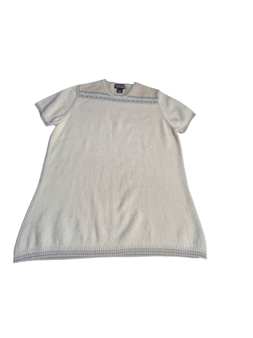 Vintage Lands End Womens Knit S/S Sweater M Fair Isle Pattern Wool Blend Beige